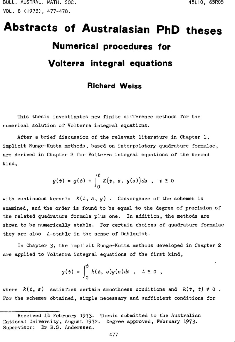 Numerical procedures for Volterra integral equations | Bulletin of