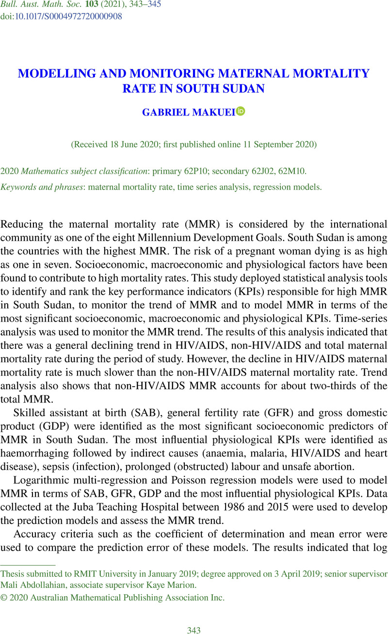 MODELLING AND MONITORING MATERNAL MORTALITY RATE IN SOUTH SUDAN   FirstPage S0004972720000908a 