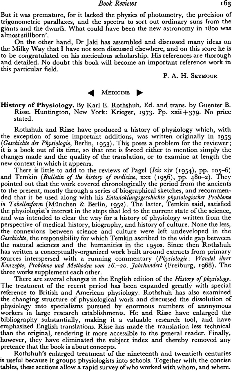 Medicine - History of Physiology. By Karl E. Rothshuh. Ed. and trans ...