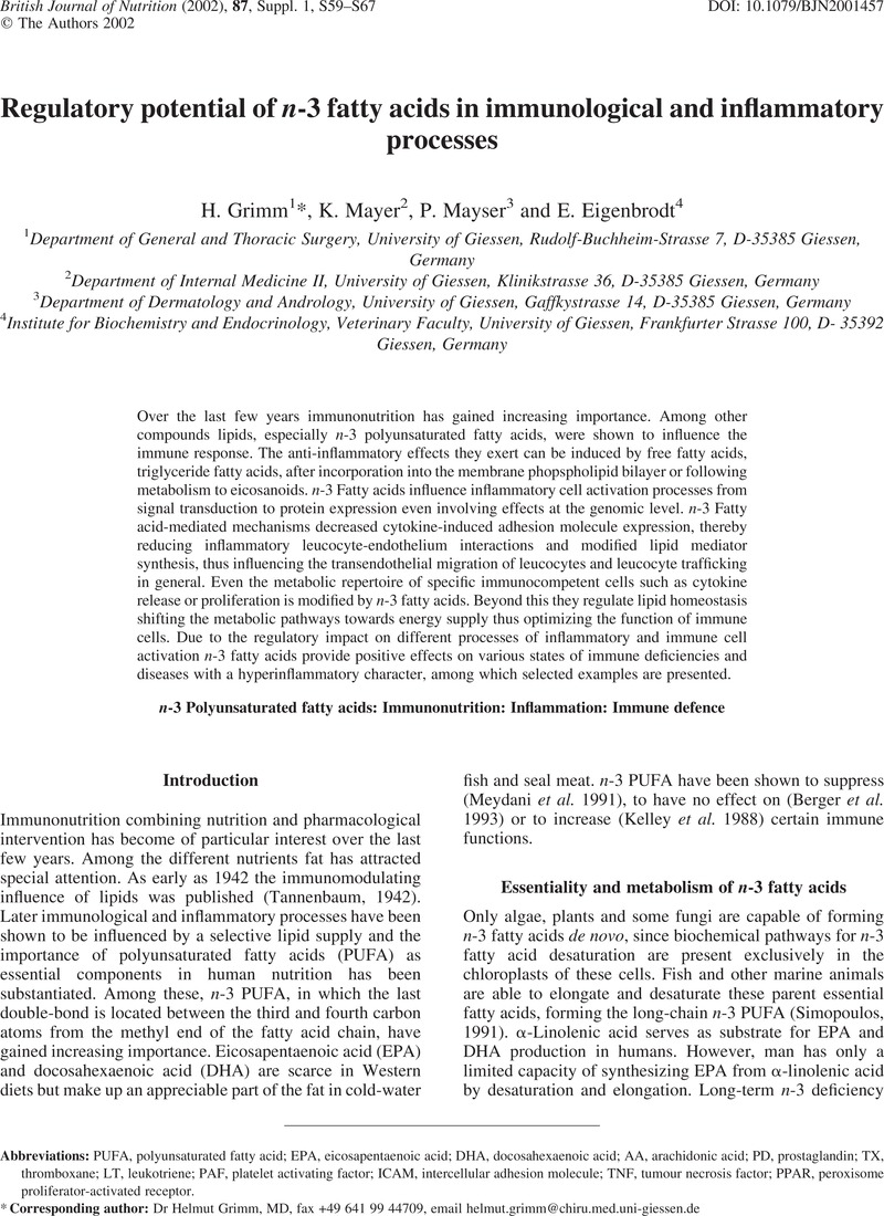 Regulatory potential of n-3 fatty acids in immunological and