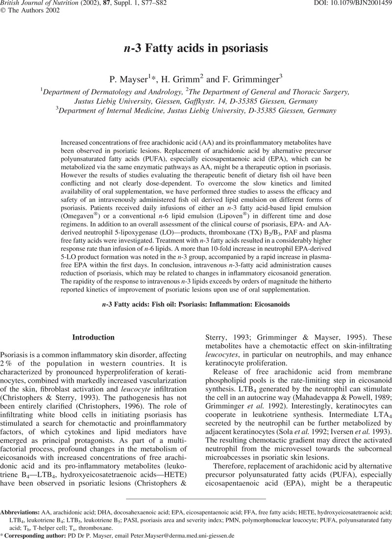 n3 Fatty acids in psoriasis British Journal of Nutrition Cambridge