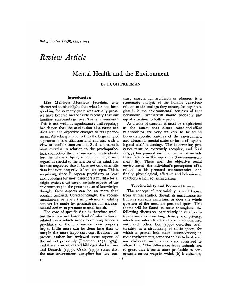 Mental Health and the Environment The British Journal of Psychiatry