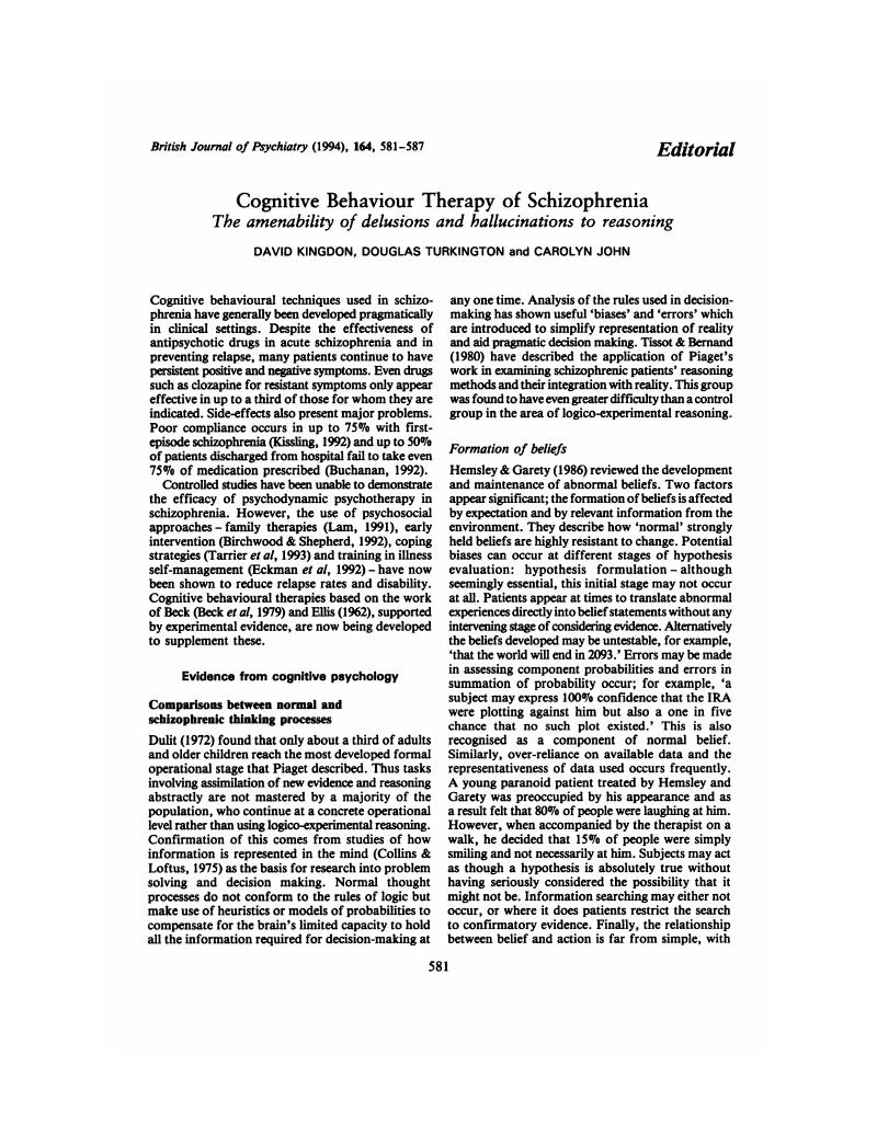 Cognitive Behaviour Therapy of Schizophrenia The British Journal