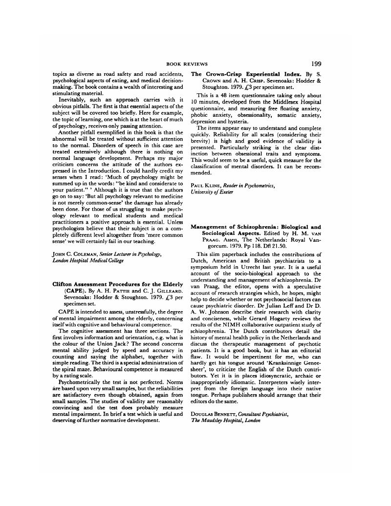 Clifton Assessment Procedures for the Elderly (CAPE). By A. H. Pattie ...