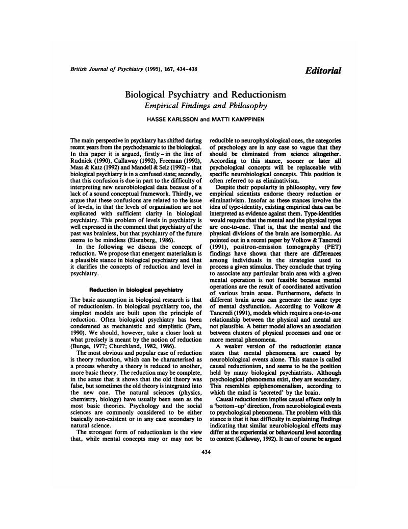 Biological Psychiatry And Reductionism Empirical Findings And ...