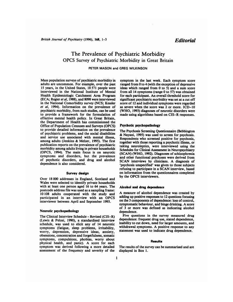 The Prevalence Of Psychiatric Morbidity OPCS Survey Of Psychiatric ...