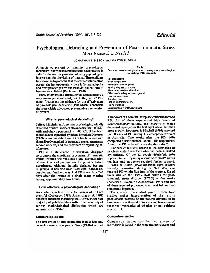 Psychological Debriefing and Prevention of Post-Traumatic Stress | The ...