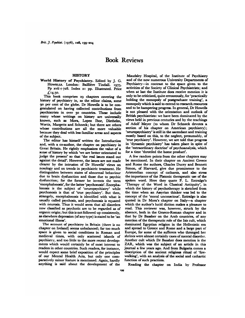 World History of Psychiatry. Edited by J. G. Howells, London Baillière Tindall. 1975. Pp xvii