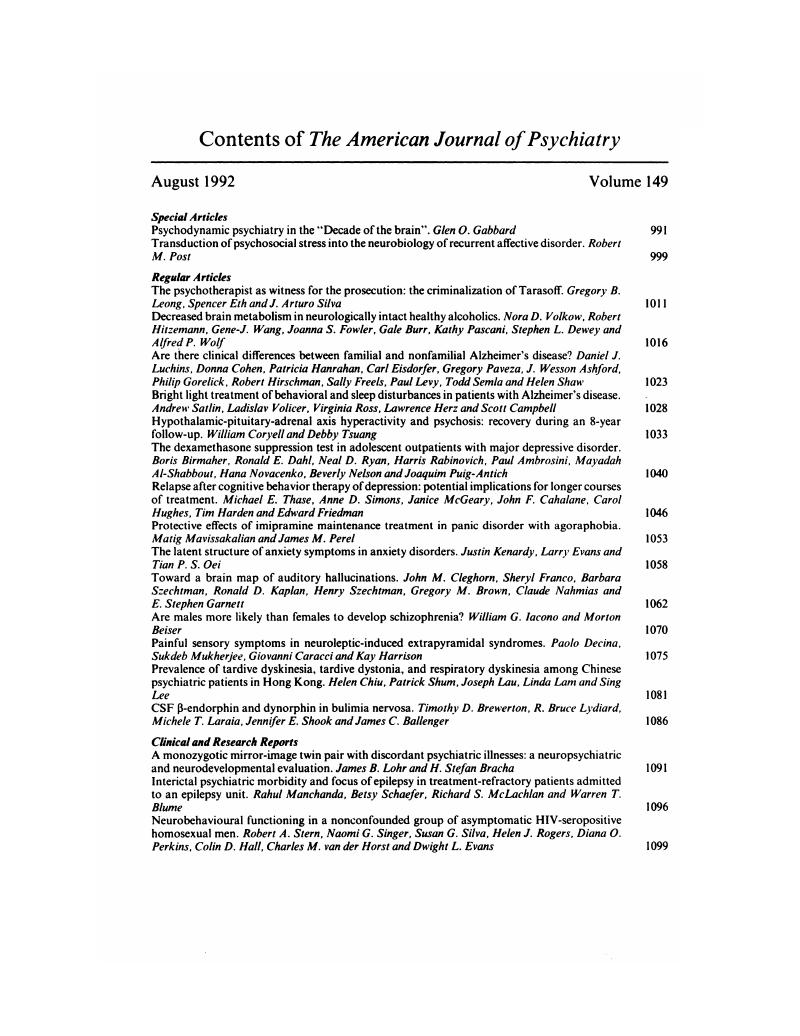 Contents Of The American Journal Of Psychiatry | The British Journal Of ...