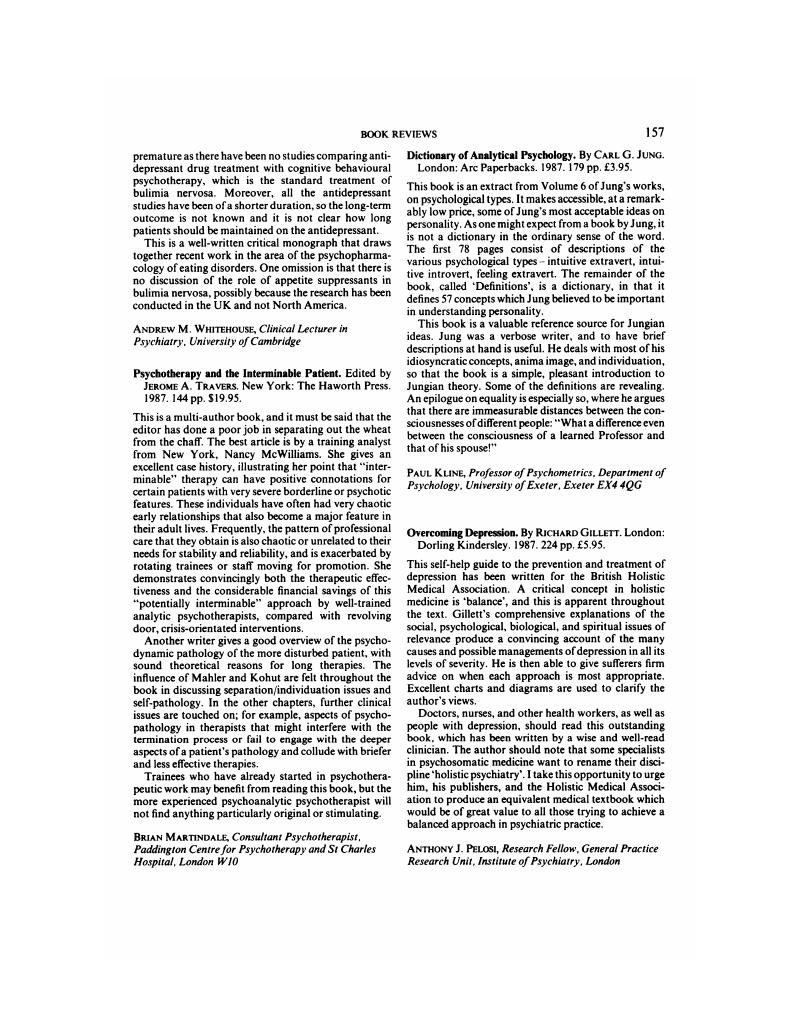 Dictionary of Analytical Psychology. By Carl G. Jung. London: Arc