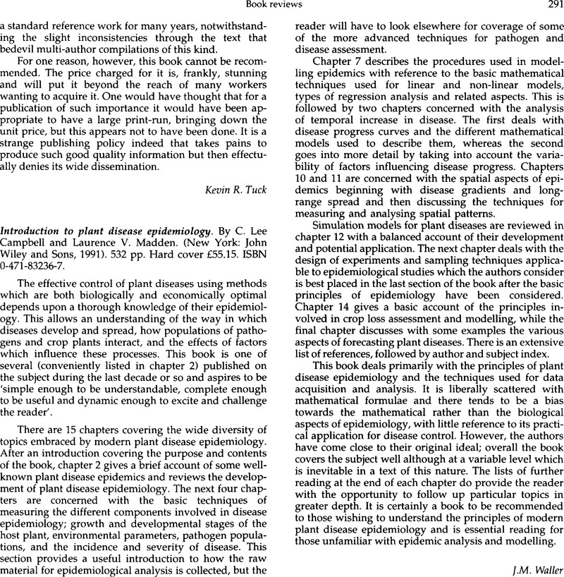 Introduction To Plant Disease Epidemiology. By C. Lee Campbell And ...