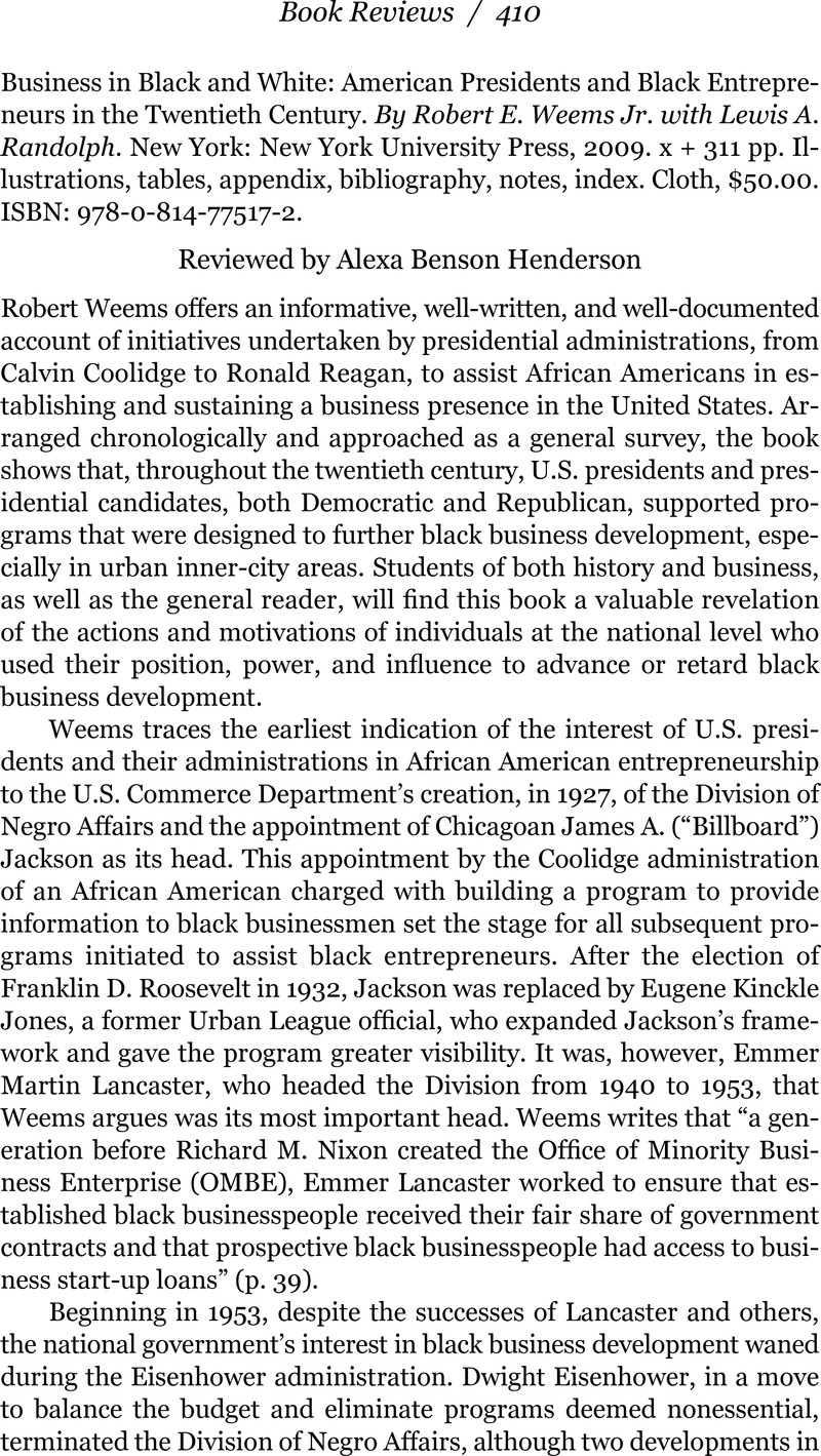 Business in Black and White: American Presidents and Black Entrepreneurs in the Twentieth Century