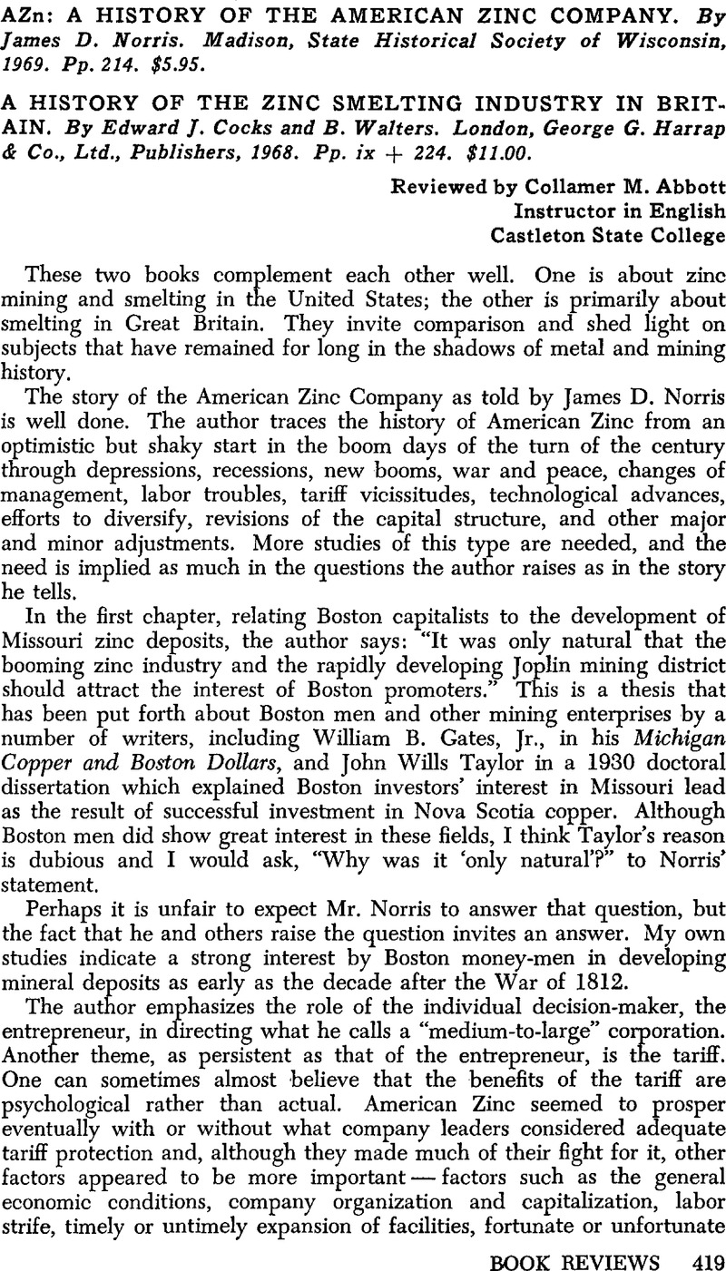 AZn A History of the American Zinc Company. By James D. Norris