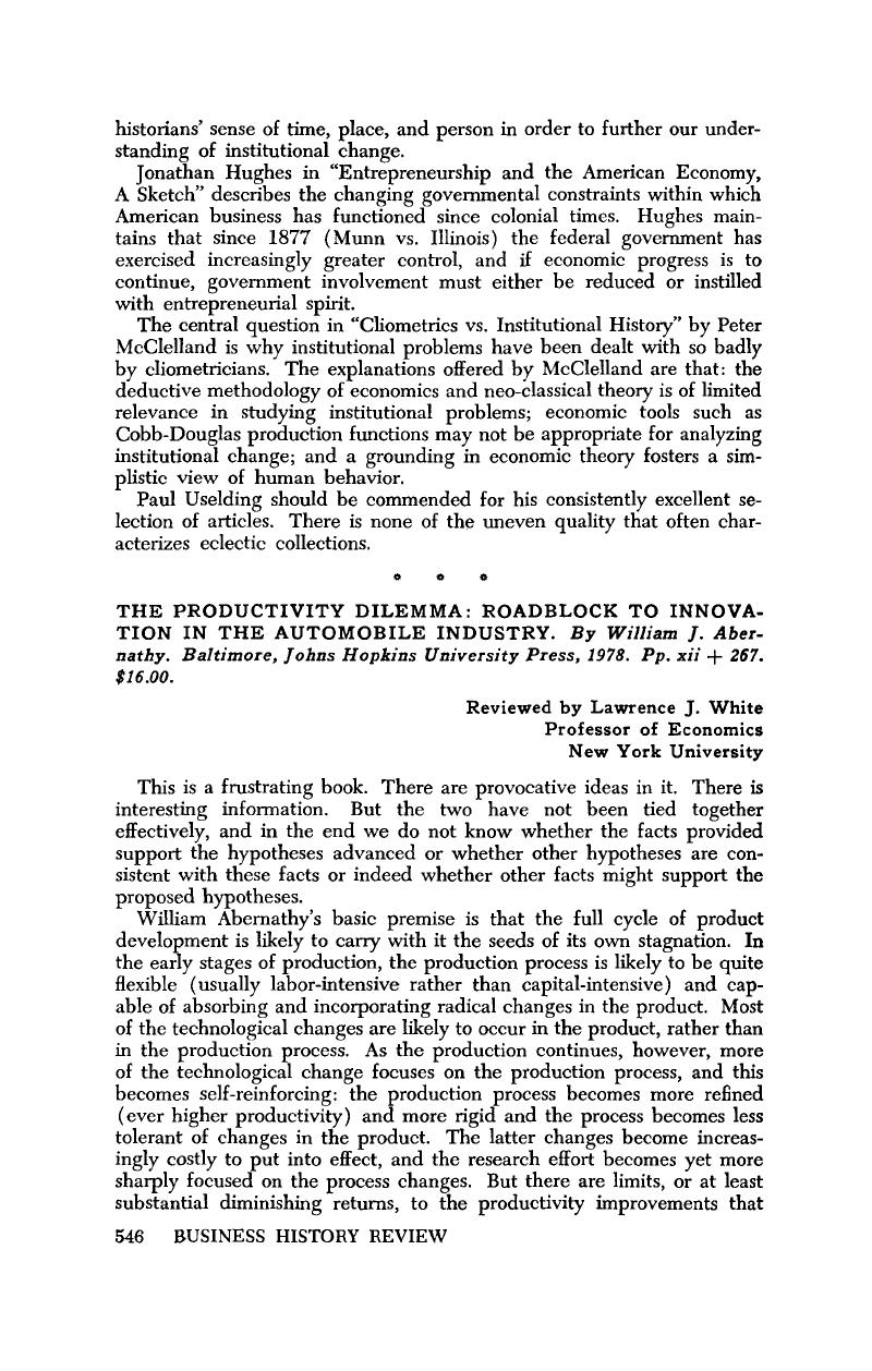 The Productivity Dilemma: Roadblock to Innovation in the Automobile Industry.  By William J. Abernathy. Baltimore, Johns Hopkins University Press, 1978.  Pp. xii + 267. $16.00. | Business History Review | Cambridge Core