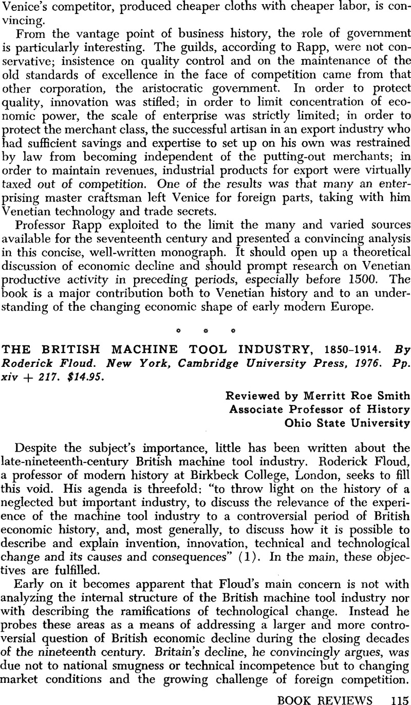 The British Machine Tool Industry, 18501914. By Roderick Floud. New