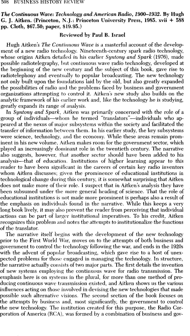 The Continuous Wave: Technology and American Radio, 1900-1932. By Hugh ...