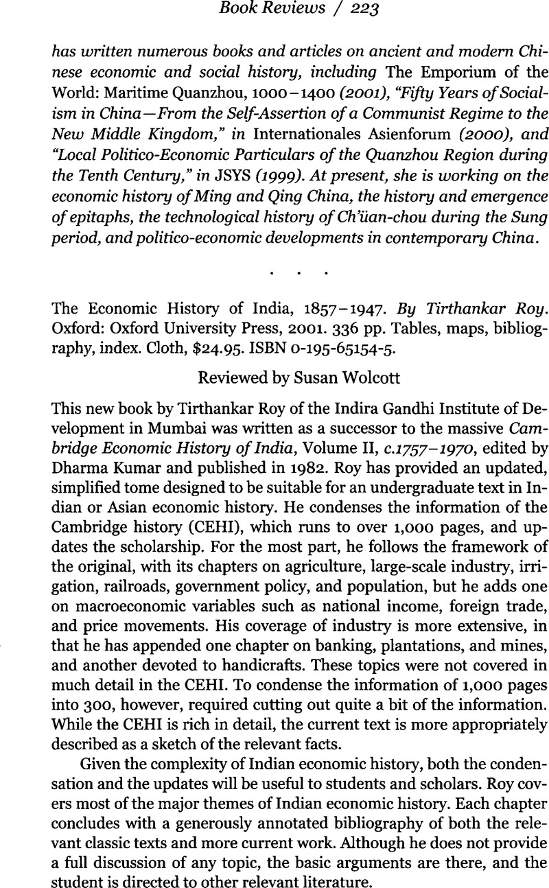 The Economic History of India, 1857–1947. ByTirthankar Roy. Oxford