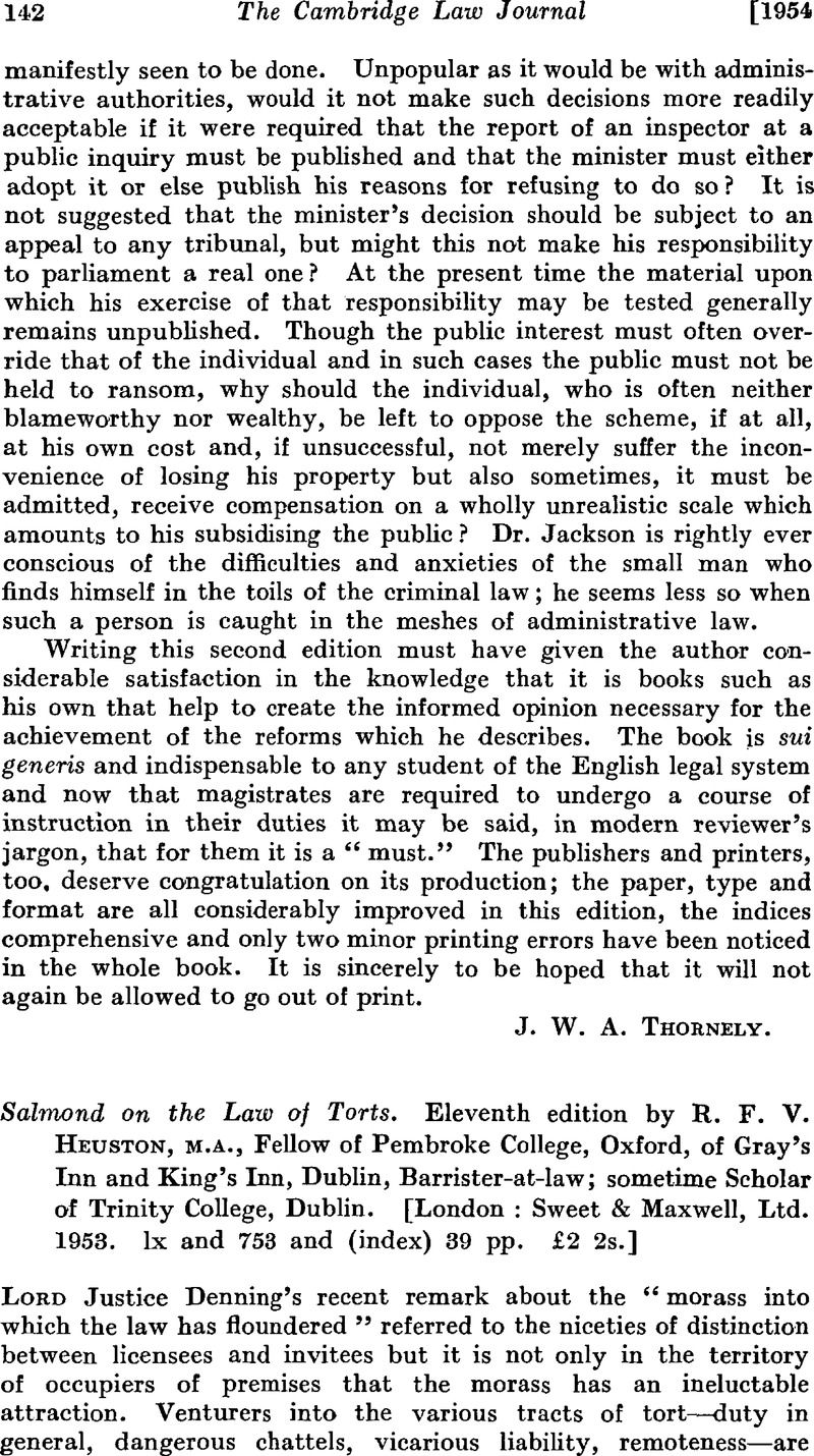 Salmond on the Law of Torts. Eleventh edition by R. F. V. Heuston, m.a ...