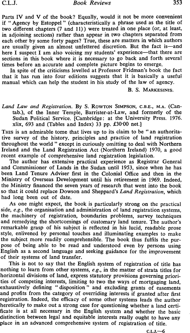 Land Law and Registration. By S. Rowton Simpson, C.B.E., M.A. (Cantab ...