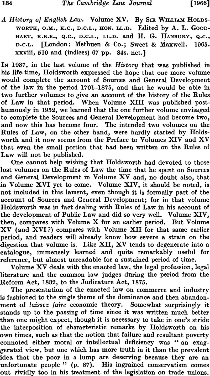 A History of English Law. Volume XV. By SirWilliam Holdsworth, o.m., k ...