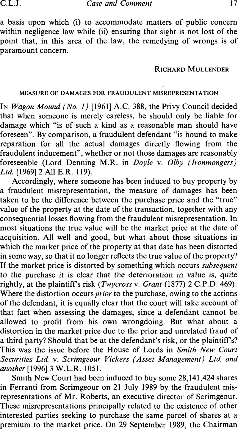 Measure Of Damages For Fraudulent Misrepresentation The Cambridge Law   FirstPage S0008197300017591a 