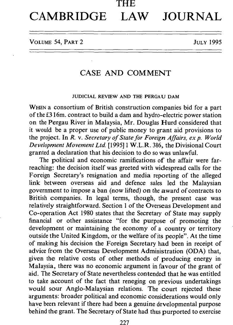 Judicial Review And The Pergau Dam | The Cambridge Law Journal ...