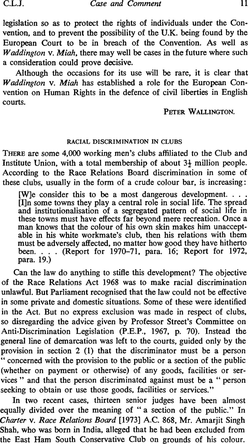 Racial Discrimination in Clubs The Cambridge Law Journal Cambridge Core