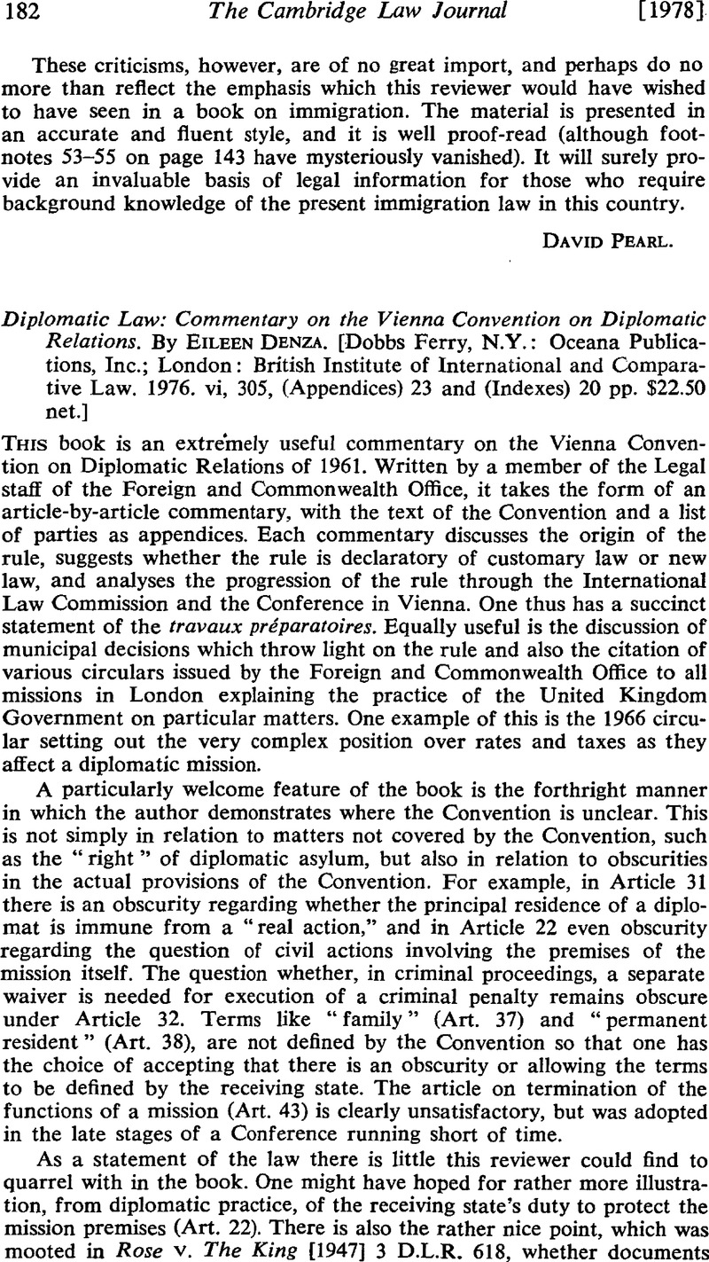 Diplomatic Law Commentary on the Vienna Convention on Diplomatic Relations. By Eileen Denza