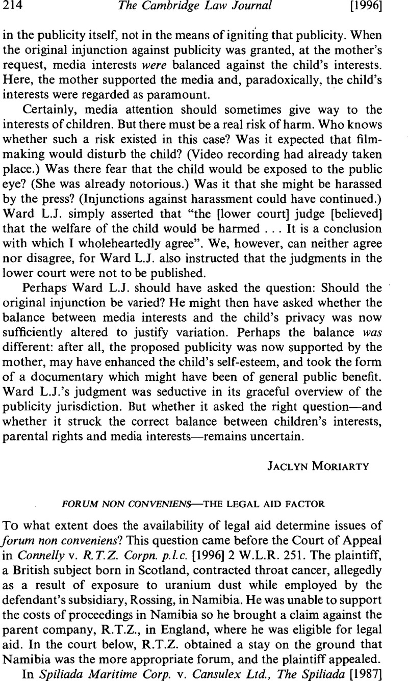 Forum Non Conveniens—The Legal Aid Factor The Cambridge Law Journal