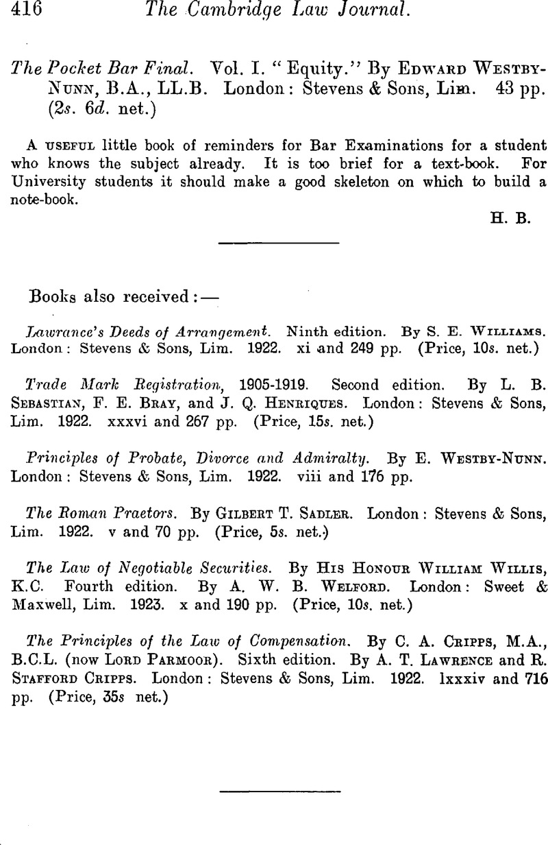 The Pocket Bar Final. Vol. I. “Equity.” By Edward Westby-Nunn, B.A., LL ...