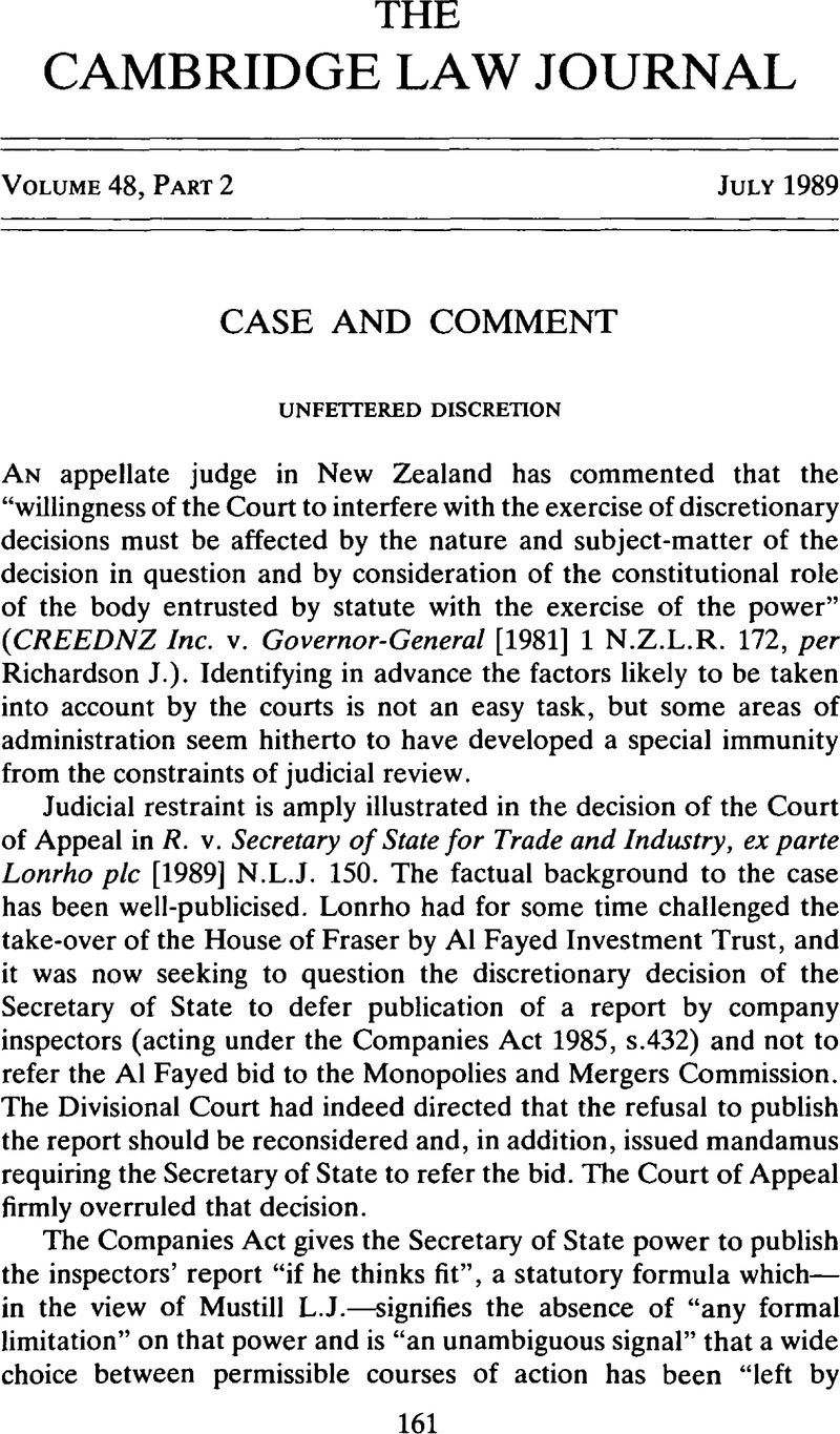Unfettered Discretion The Cambridge Law Journal Cambridge Core