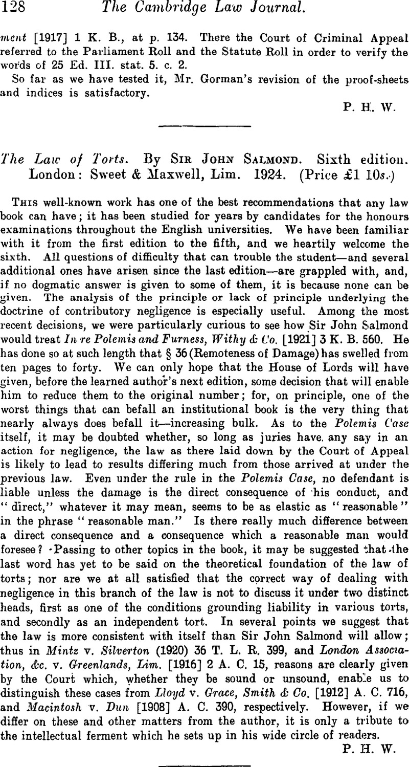 The Law of Torts. By SirJohn Salmond. Sixth Edition. London: Sweet ...