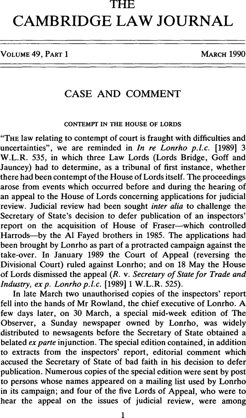 Contempt in the House of Lords | The Cambridge Law Journal | Cambridge Core