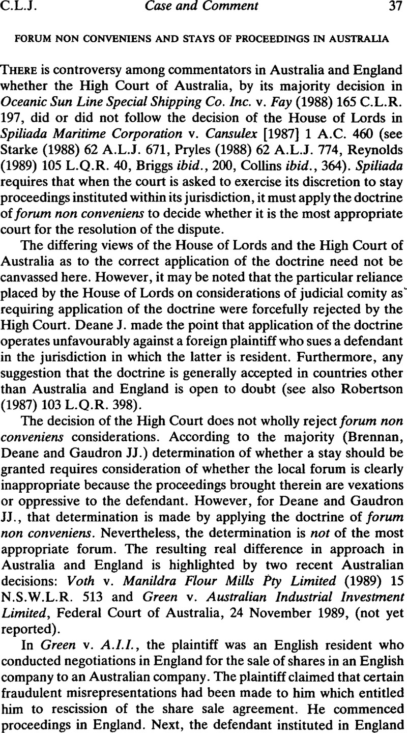 Forum Non Conveniens and Stays of Proceedings in Australia The