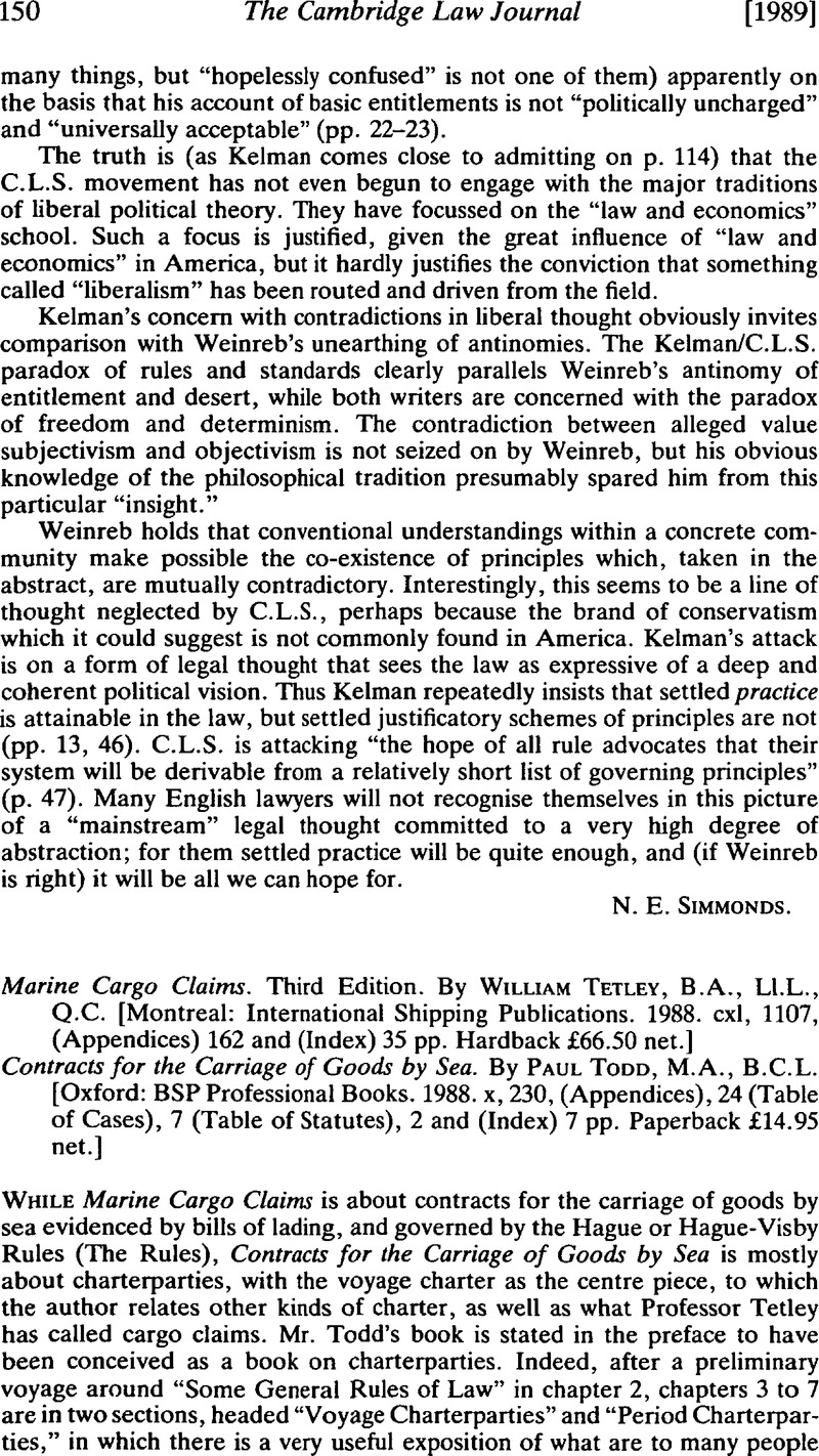 Marine Cargo Claims. Third Edition. By William Tetley, B.A., Ll.L., Q.C ...
