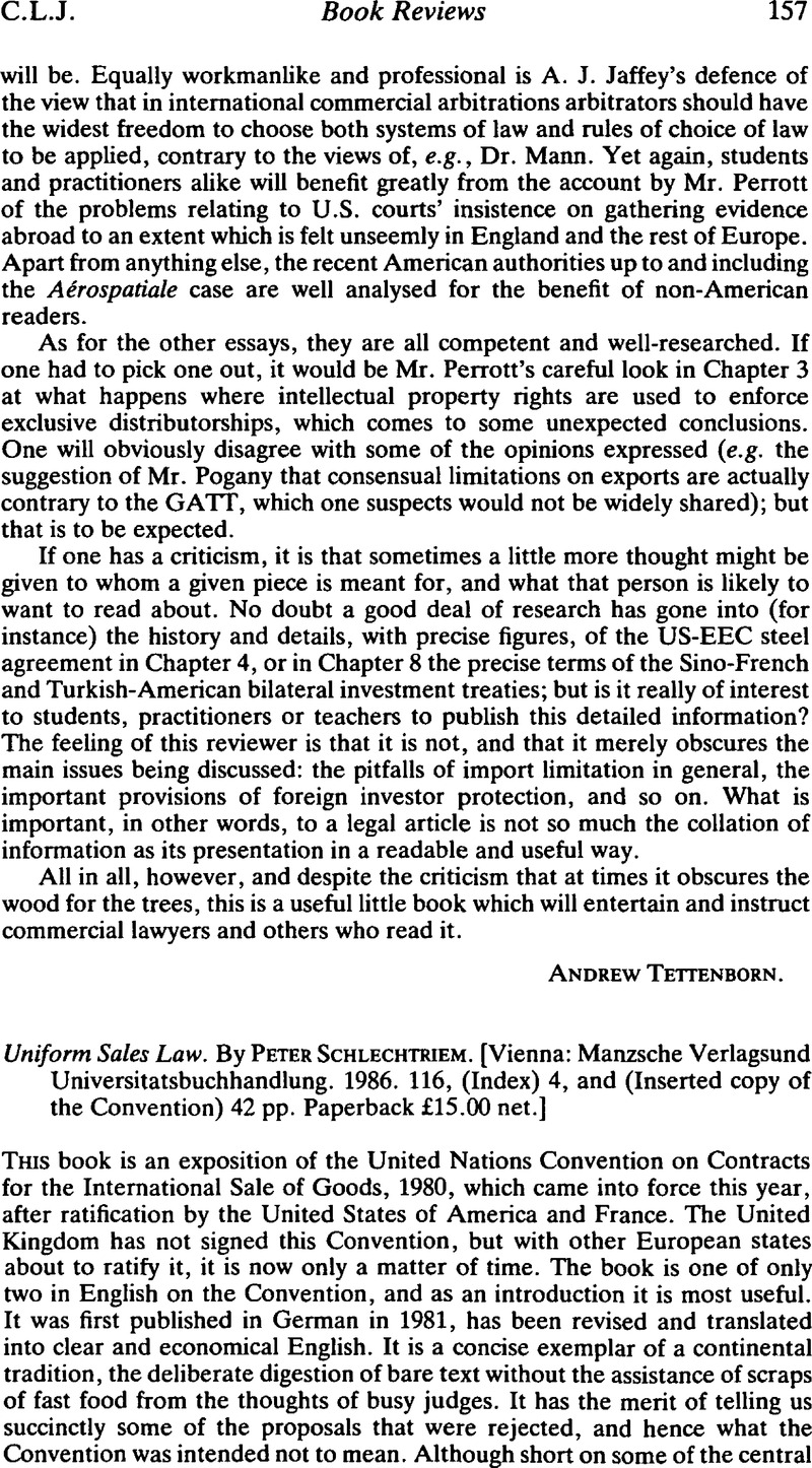 Uniform Sales Law. By Peter Schlechtriem. [Vienna Manzsche Verlagsund