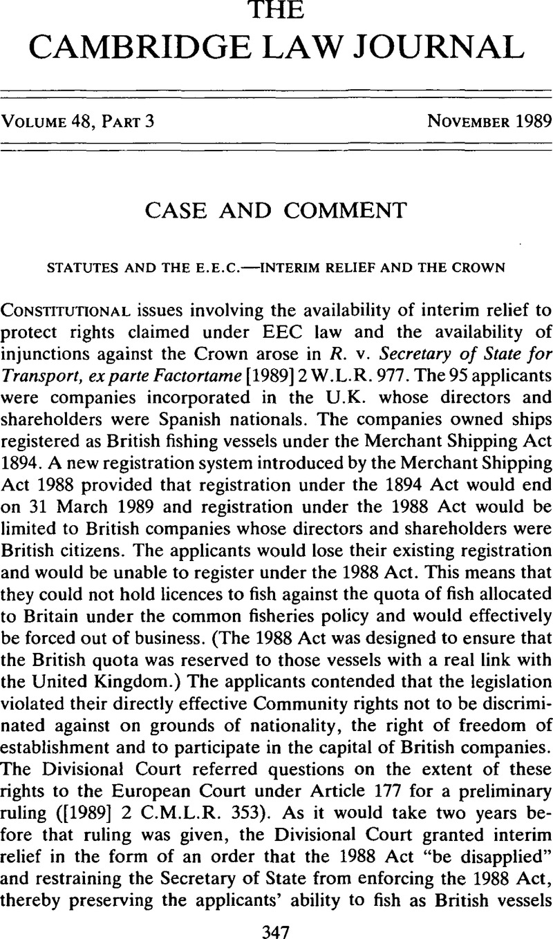 Statutes and the E.E.C.—Interim Relief and the Crown The Cambridge