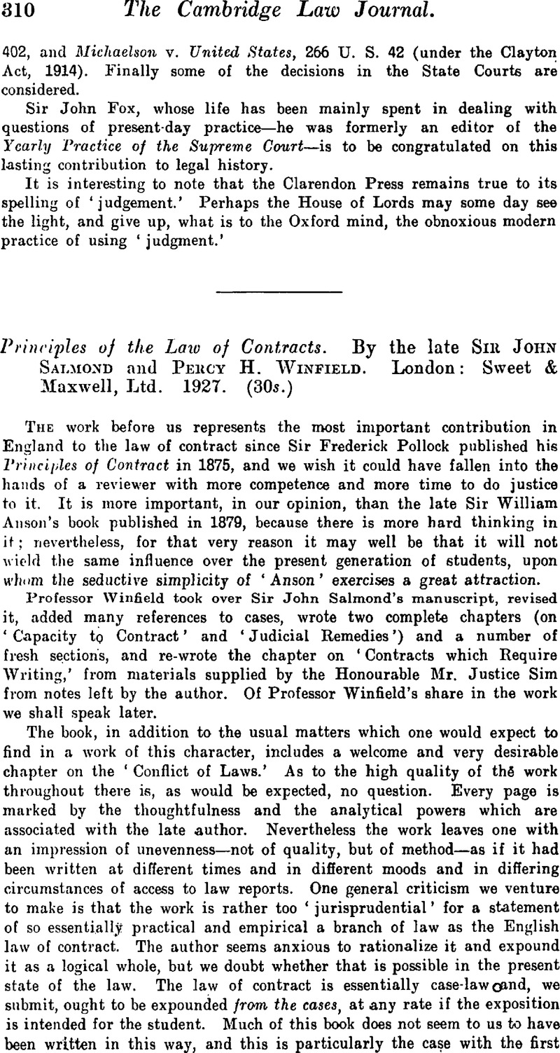 Principles Of The Law Of Contracts. By The Late SirJohn Salmond And ...