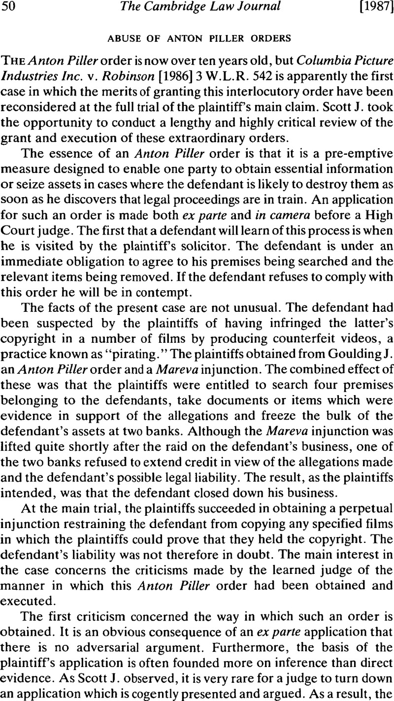 Abuse of Anton Piller Orders | The Cambridge Law Journal | Cambridge Core