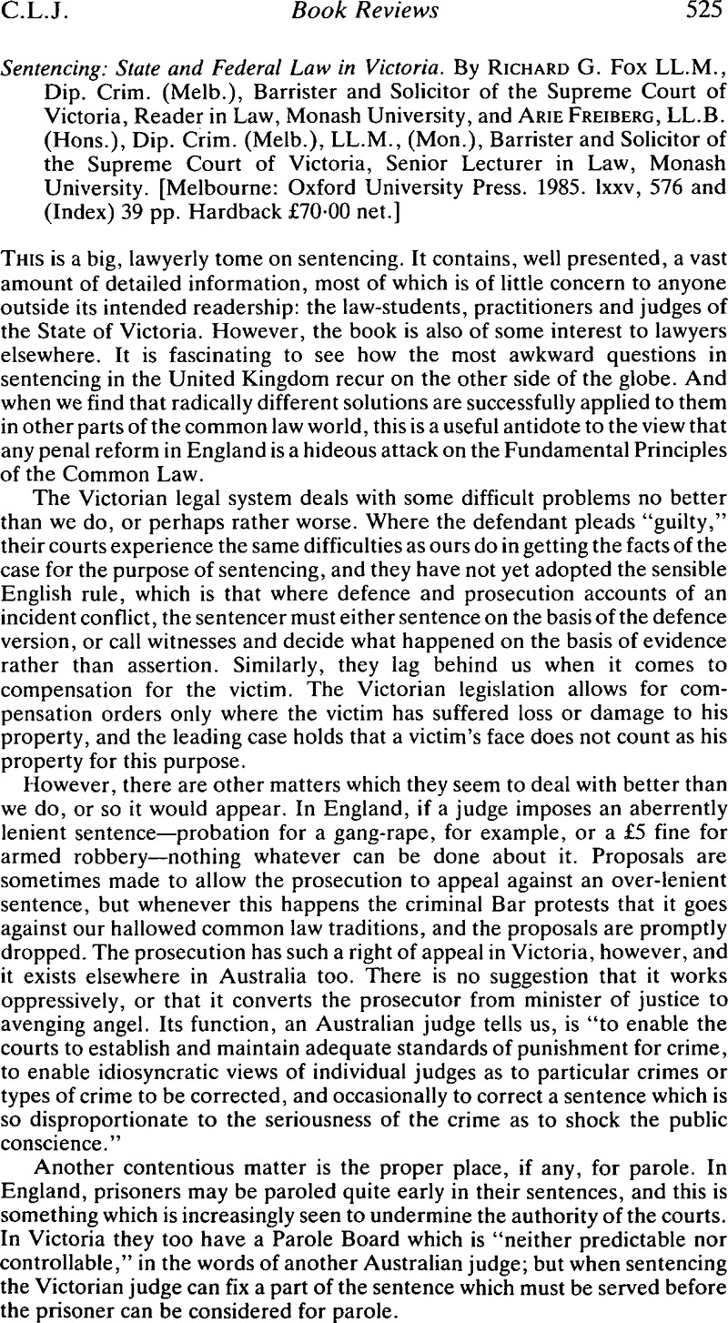 Sentencing: State and Federal Law in Victoria. By Richard G. Fox LL.M ...