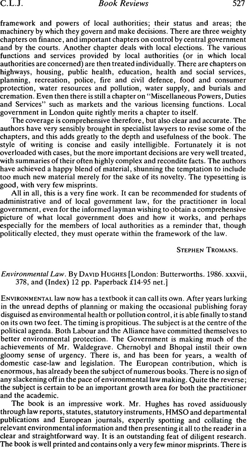 Environmental Law. By David Hughes [London: Butterworths. 1986. xxxvii ...