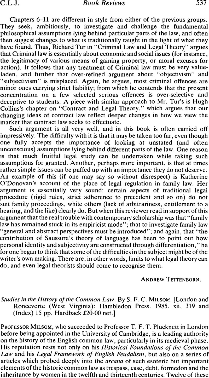 Studies in the History of the Common Law. By S. F. C. Milsom. [London ...