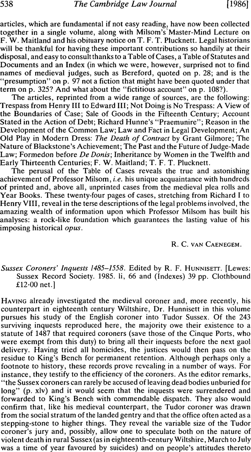 Sussex Coroners’ Inquests 1485–1558. Edited By R. F. Hunnisett. [lewes 