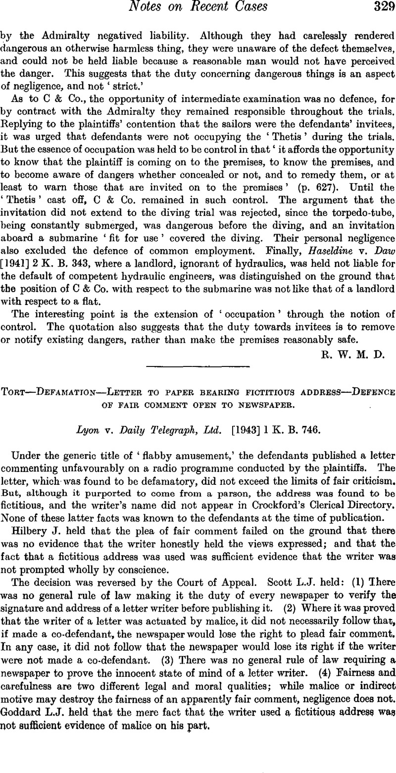 Tort—Defamation—Letter to paper bearing fictitious address—Defence of ...