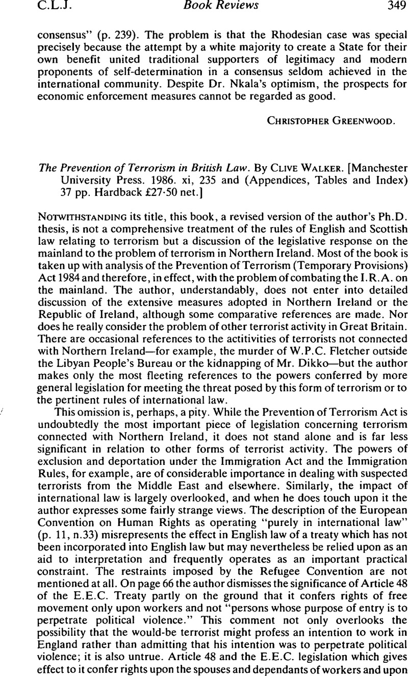 The Prevention of Terrorism in British Law. By Clive Walker ...