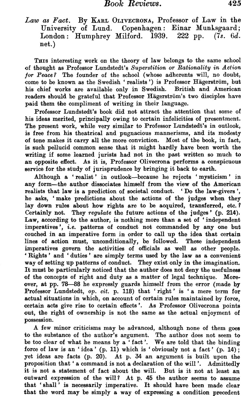 Law as Fact. By Karl Olivecrona, Professor of Law in the University of ...