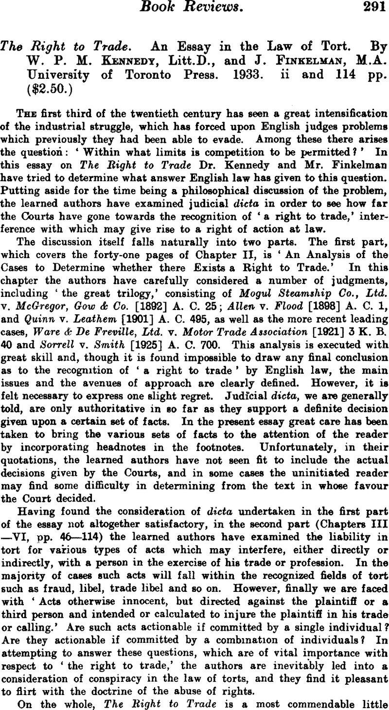 The Right to Trade. An Essay in the Law of Tort. By W. P. M. Kennedy ...