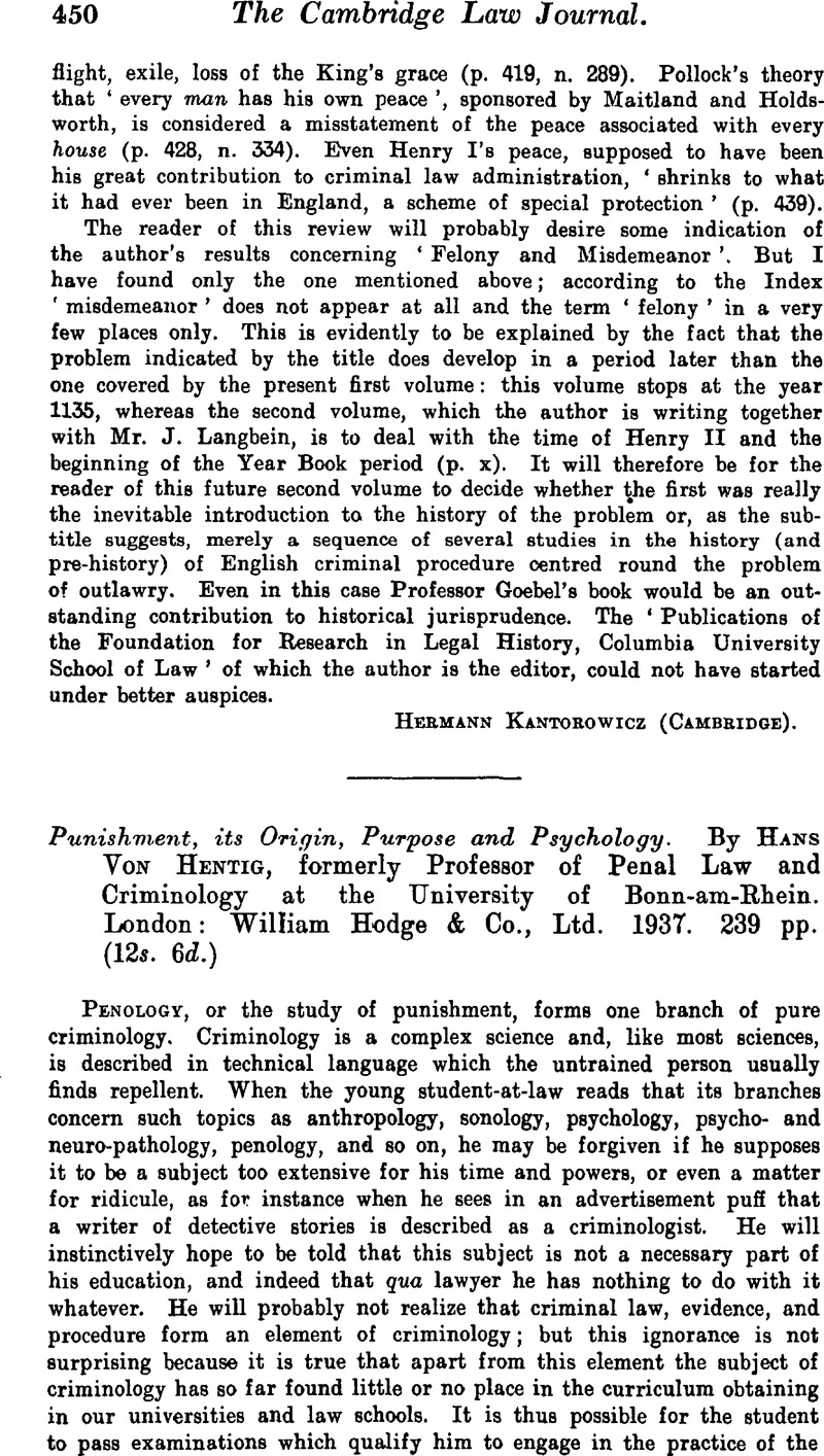 Punishment, its Origin, Purpose and Psychology. By Hans Von Hentig ...