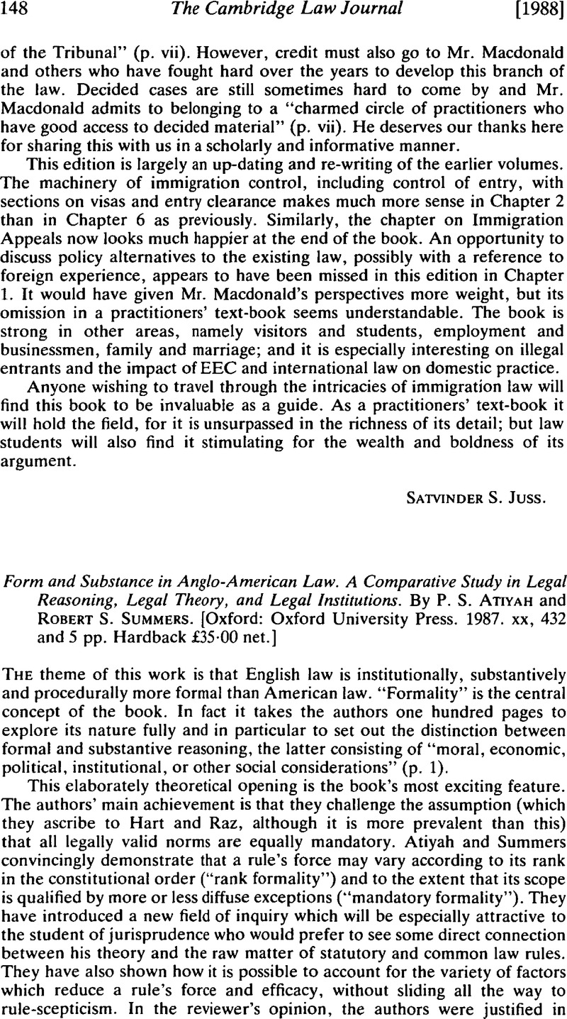 Form and Substance in Anglo-American Law. A Comparative Study in Legal ...