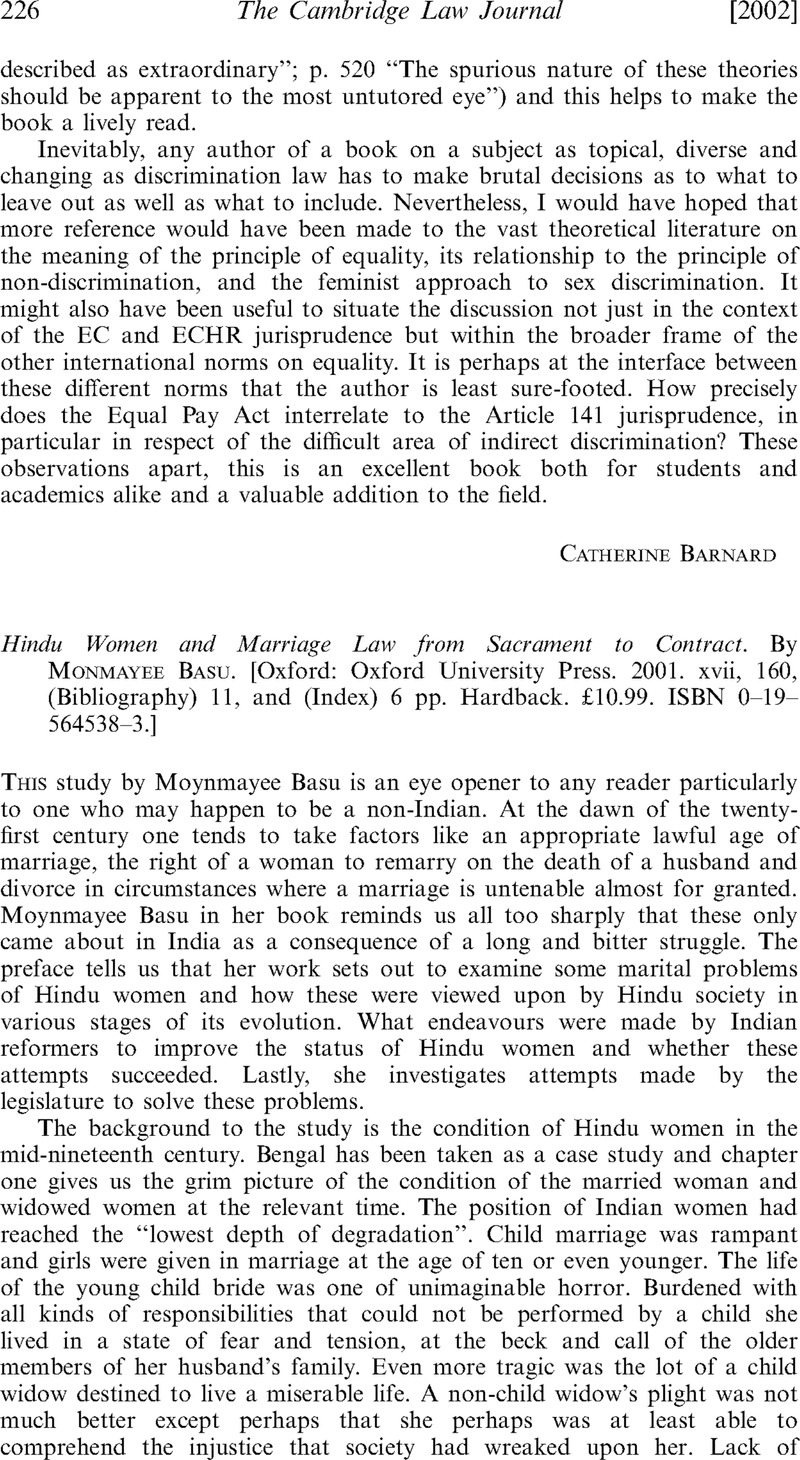 Hindu Women and Marriage Law from Sacrament to Contract. By Monmayee ...